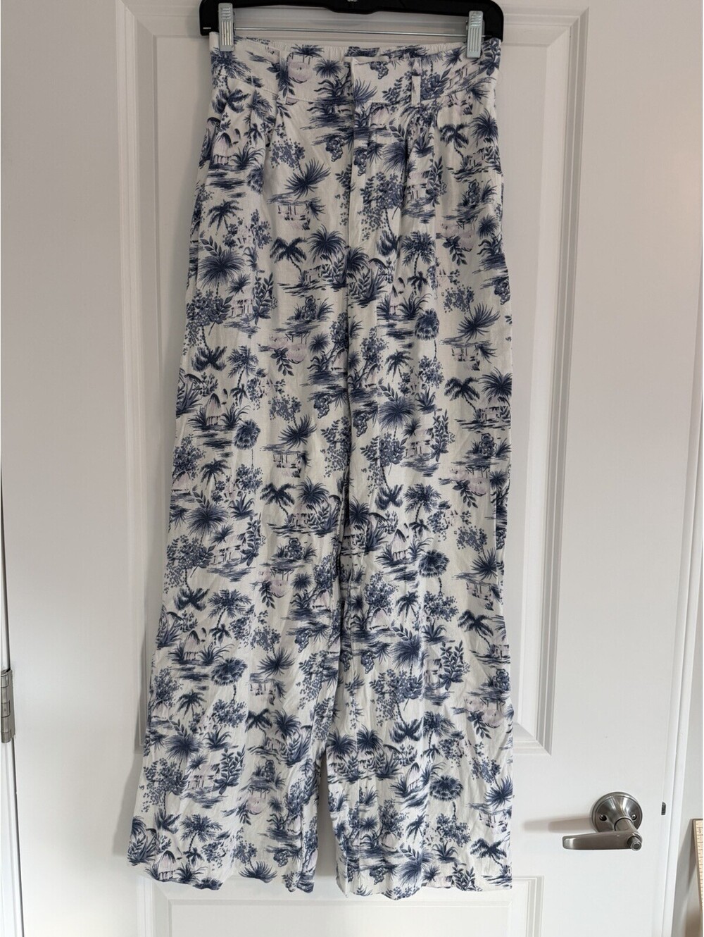 Abercrombie & Fitch Blue Toile Palm Tree Print Linen Wide-Leg Pants Size S Chic